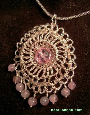 Fine silver crocheted pendant with amethyst