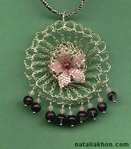 Fine silver crocheted pendant with  pink quartz and amethyst