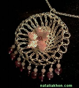 Fine silver crocheted pendant with pink quartz and amethyst