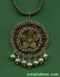 Fine silver crocheted pendant with pearls