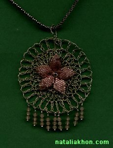 Fine silver crocheted pendant with pink quartz