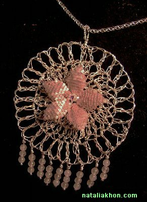 Fine silver crocheted pendant with pink quartz